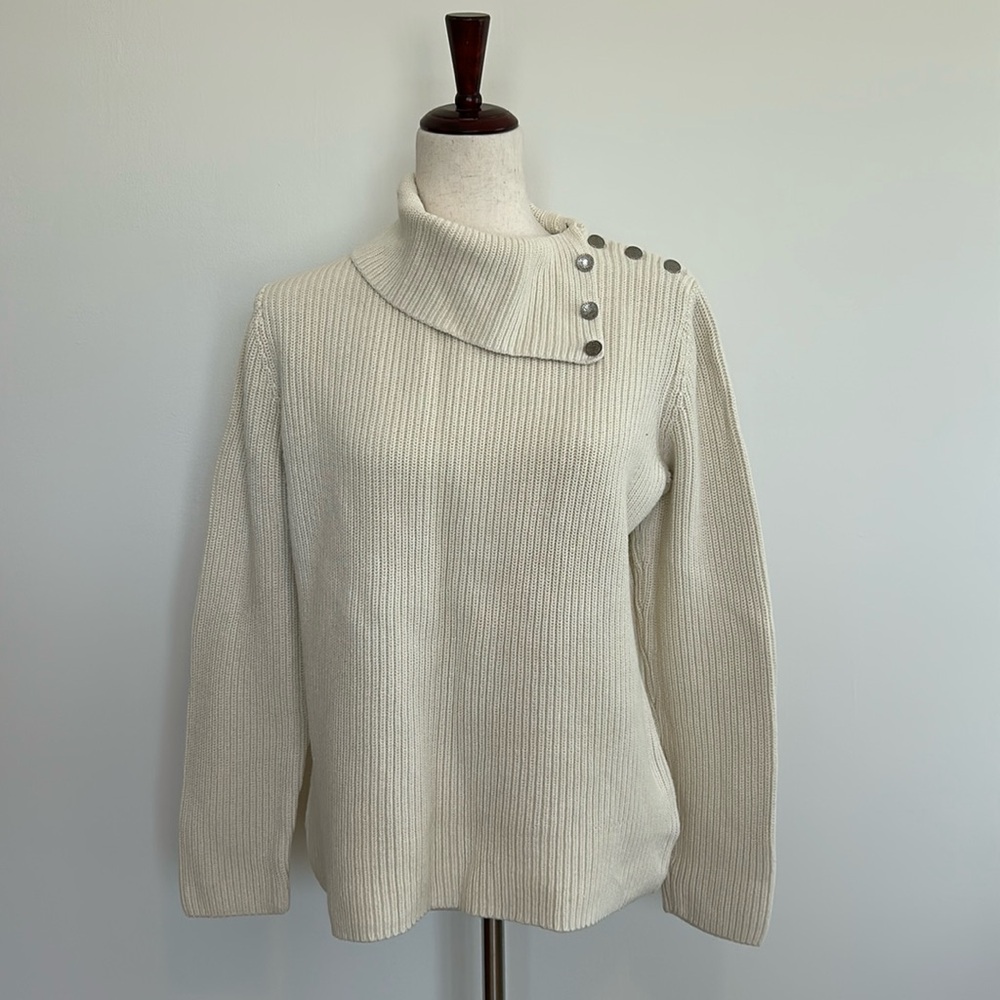 Lauren Ralph Lauren Button Funnel Neck Cream Cotton Sweater Size‎ Small EUC